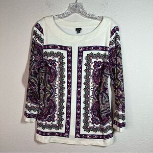 Rafaella White Purple Paisley Cotton Long Sleeves Pullover‎ Top Women's Large